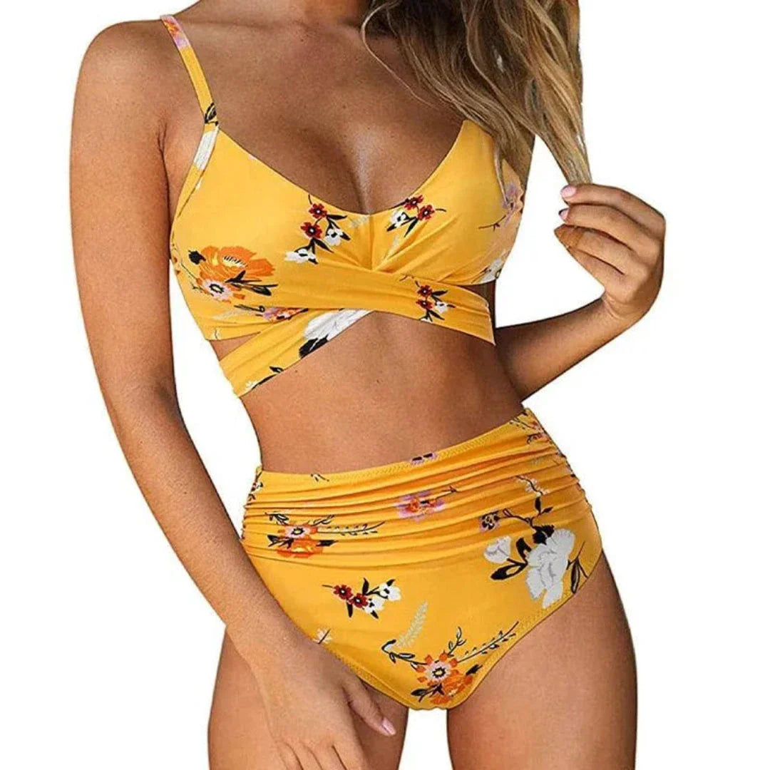High-waisted crisscross wrap bikini set with supportive high-rise bottoms in bold solid and floral prints