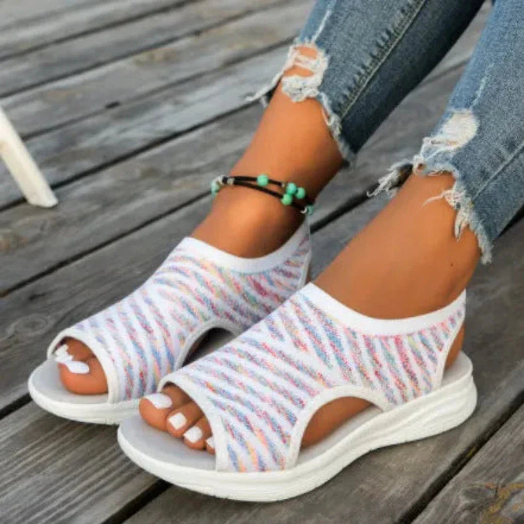 Bianca women's beige open-toe mesh slip-on sandals with breathable upper and ergonomic cushioned support