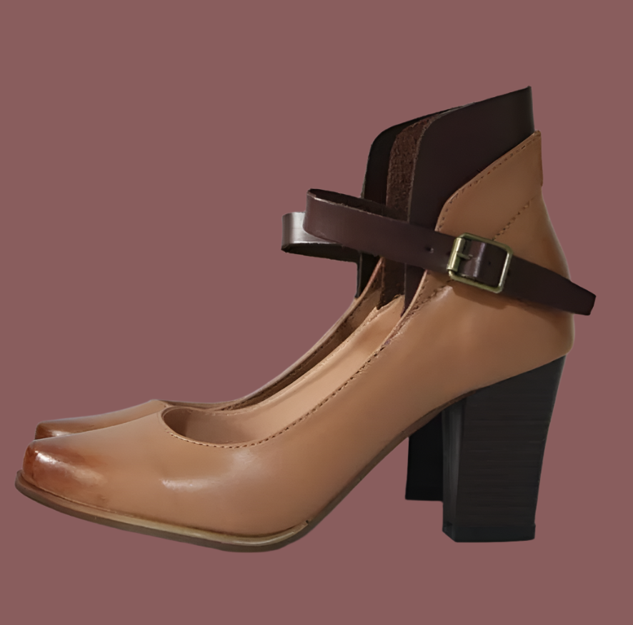 Women's black leather-look block heel pumps with adjustable Mary Jane strap for elegant secure fit