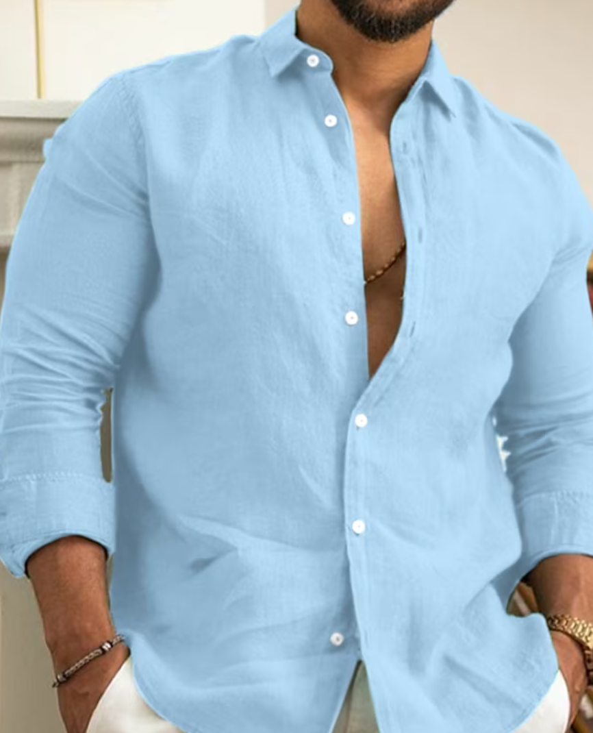 Men's slim fit green linen shirt long sleeve breathable casual style lightweight Nordic Flair