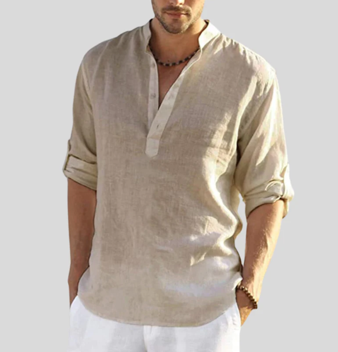 Men's linen shirt relaxed fit mandarin collar long sleeve breathable natural fibers casual