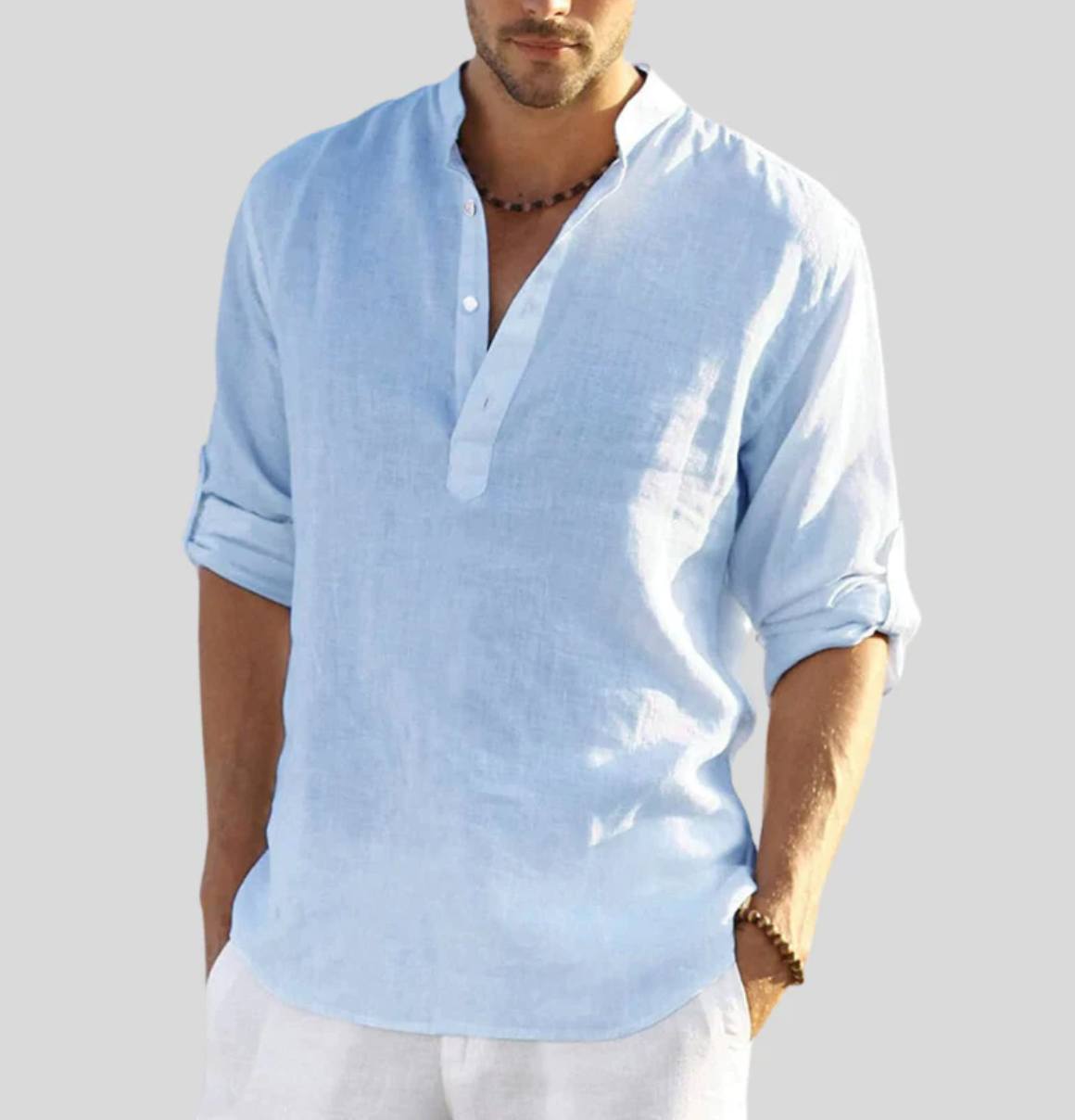 Men's relaxed fit linen shirt mandarin collar long sleeve breathable natural fiber casual wear