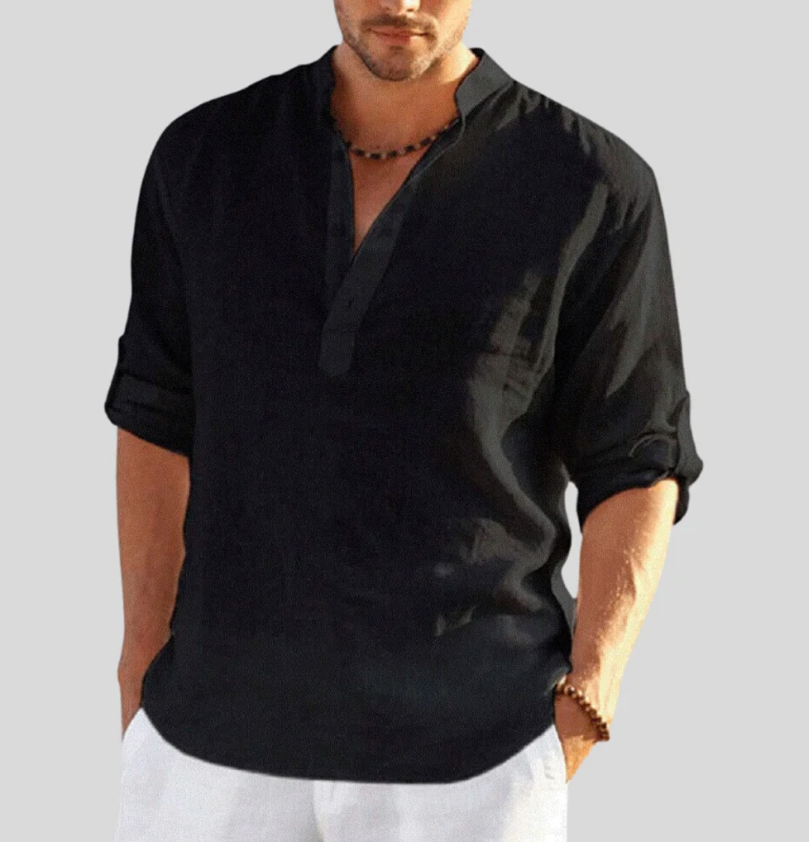 Men's relaxed fit linen shirt mandarin collar long sleeve breathable natural fiber casual top