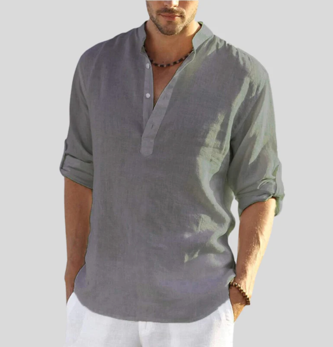 Men's relaxed fit linen shirt mandarin collar long sleeve breathable natural fiber casual style