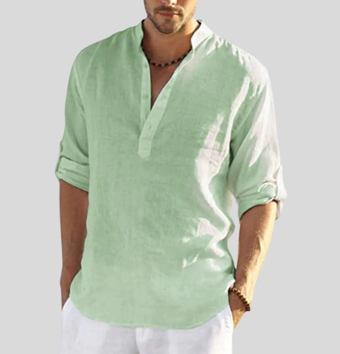 Men's relaxed fit linen shirt mandarin collar long sleeve breathable natural fiber blend
