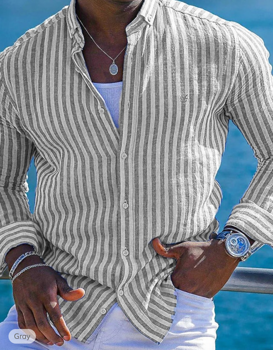 Wavlynn men's slim fit striped linen cotton shirt long sleeves breathable summer essential