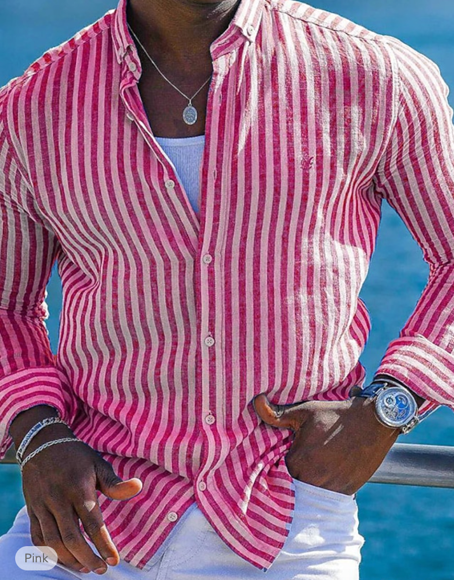 Men's slim fit striped linen cotton shirt long sleeves breathable summer essential blue white