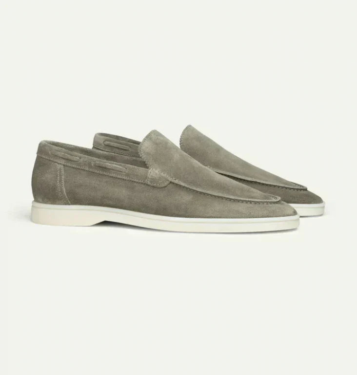 Men's faux suede slip-on loafers in classic neutral tone with breathable comfort and durable rubber sole