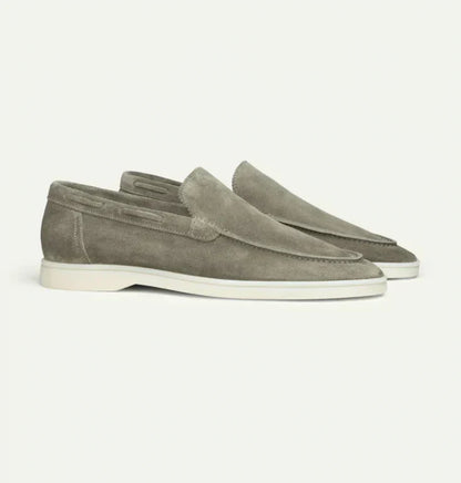 Men's faux suede slip-on loafers in classic neutral tone with breathable comfort and durable rubber sole