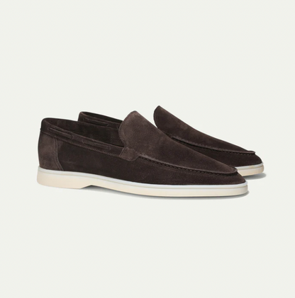 Men's faux suede slip-on loafers in classic neutral tones with breathable comfort and durable rubber sole