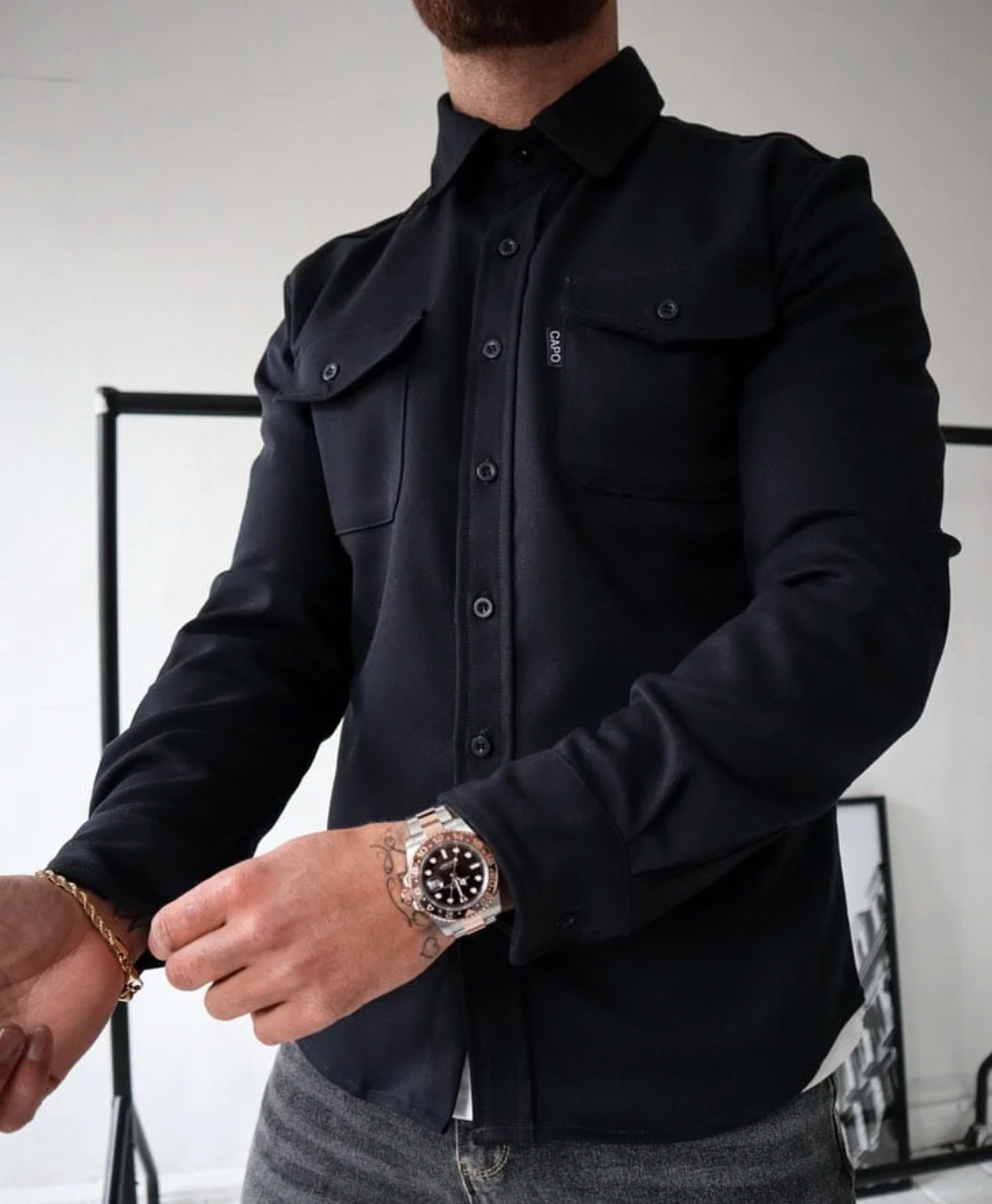 Men's casual cotton shirt jacket with button closure, chest pockets, and long sleeves in neutral tone