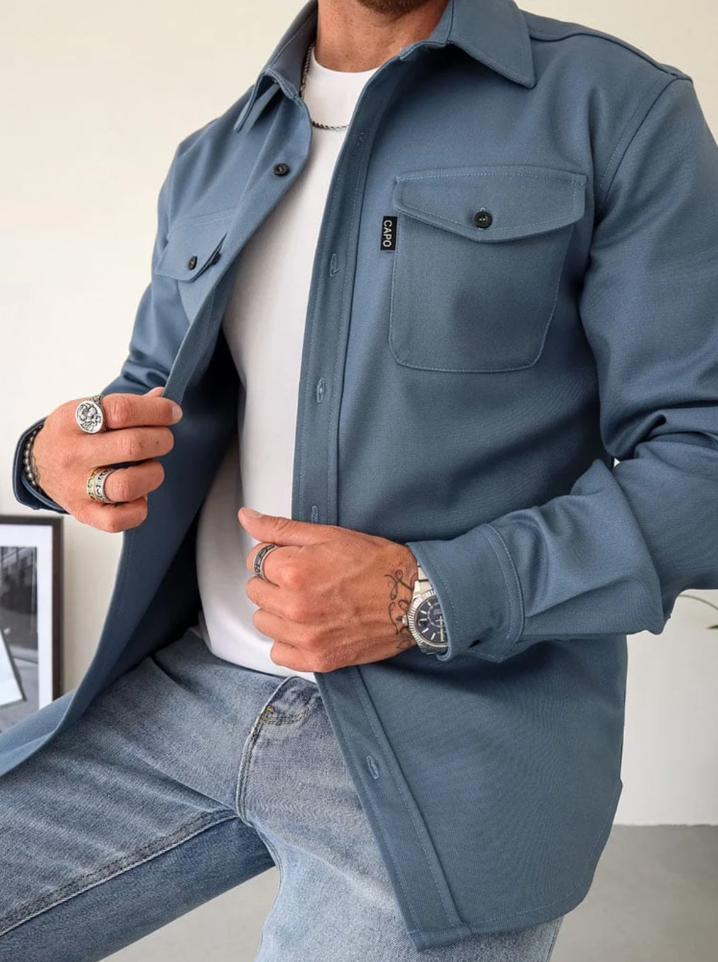 Men's cotton shirt jacket with button closure, chest pockets, long sleeve casual outerwear in neutral tone