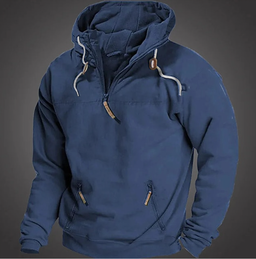 Men's casual relaxed-fit hoodie with drawstring hood, half-zip closure, and front zipper pockets