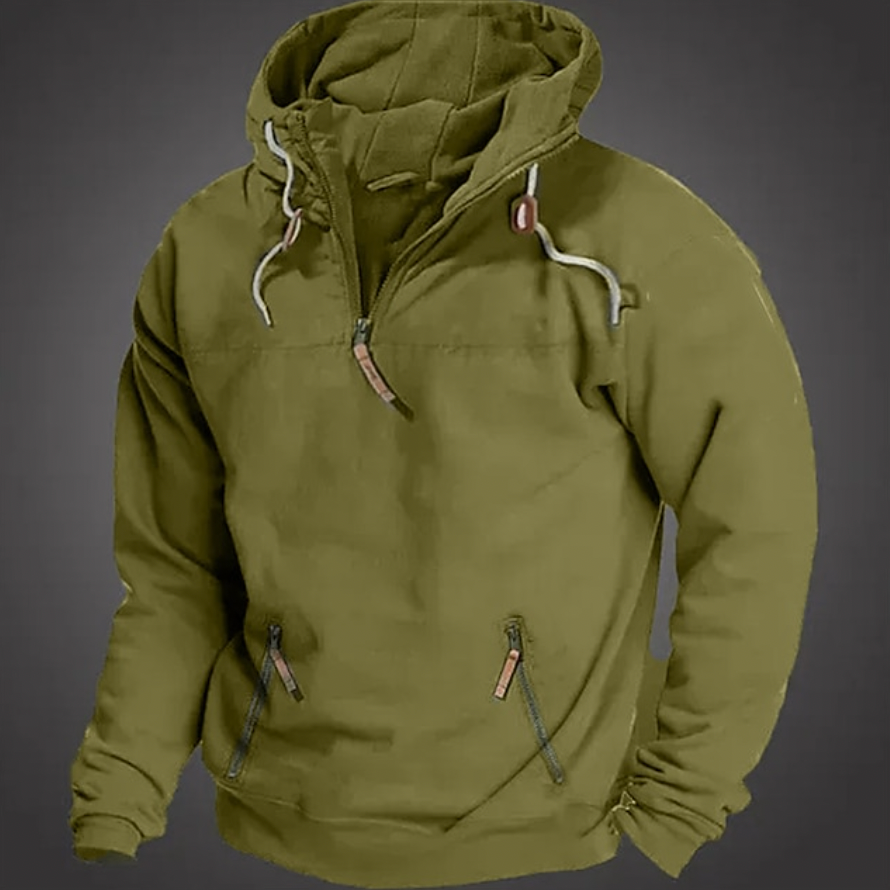 Men's casual relaxed-fit long sleeve hoodie with half-zip closure, drawstring hood, and front zipper pockets