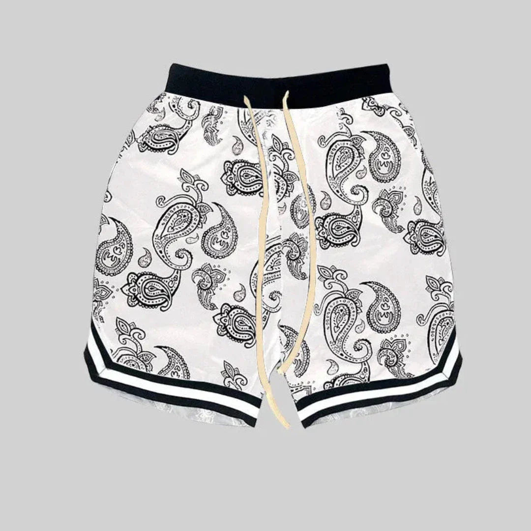 Men's black white paisley bandana print drawstring shorts casual summer streetwear