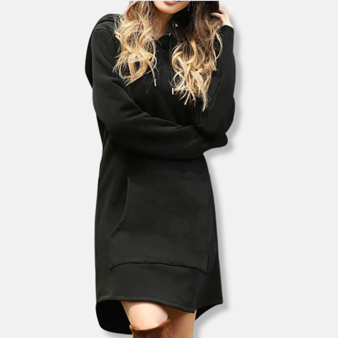 Women's relaxed-fit hoodie dress in cotton blend with long sleeves, front pocket, and hood