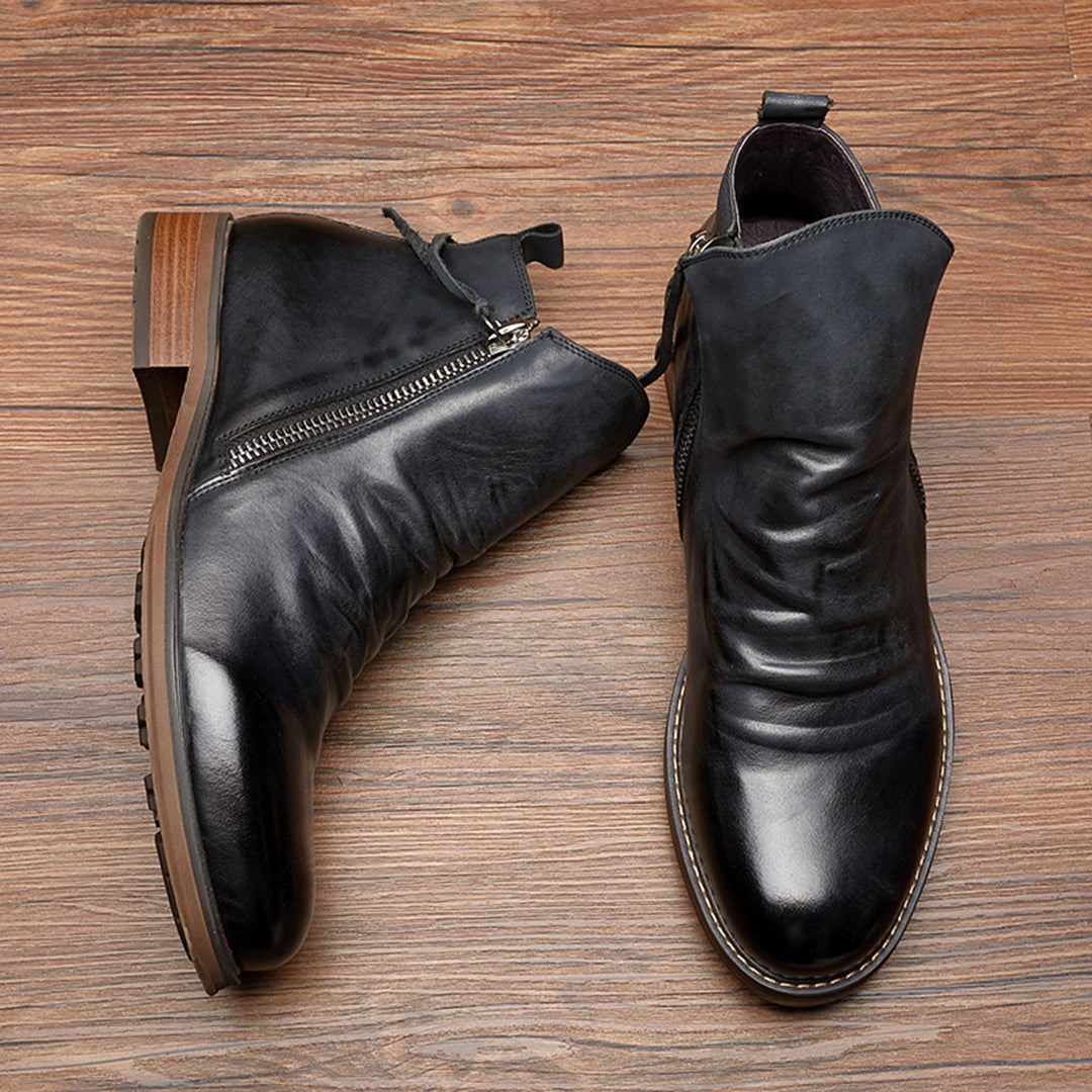 Men's brown leather ankle boots with side zipper, smart casual style and polished vegan leather upper