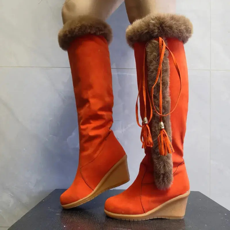 Women's knee-high synthetic leather combat boots with cozy lining, stylish winter design
