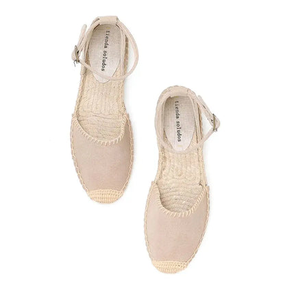 Women's beige espadrille flat sandals with bohemian-inspired breathable synthetic upper for summer
