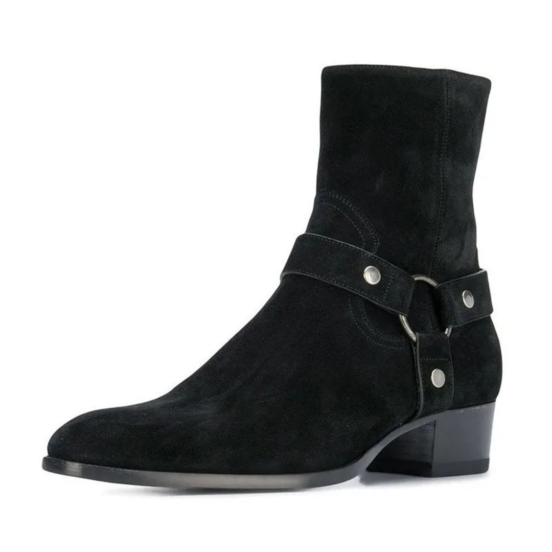 Brown suede harness boots with leather accents and rugged motorcycle-inspired buckle detail