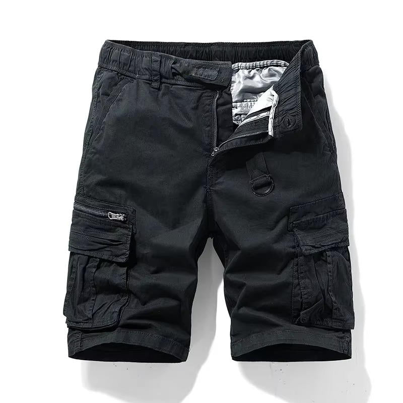 Men's camouflage cargo shorts knee-length cut with six utility pockets and elastic drawstring waistband