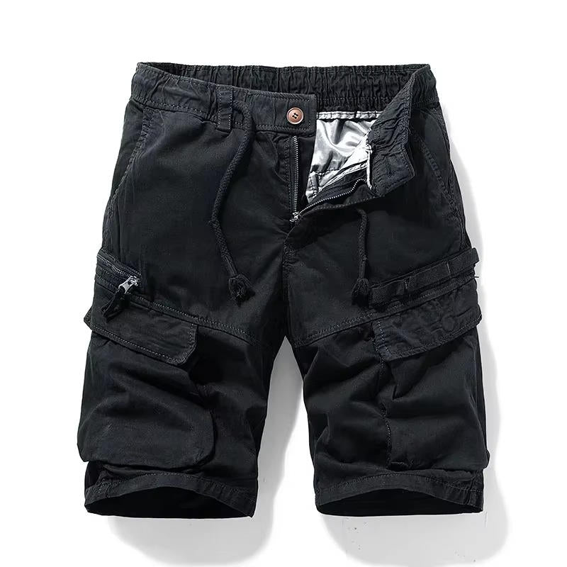 Men's camouflage cargo shorts knee-length cut with six utility pockets and elastic drawstring waistband