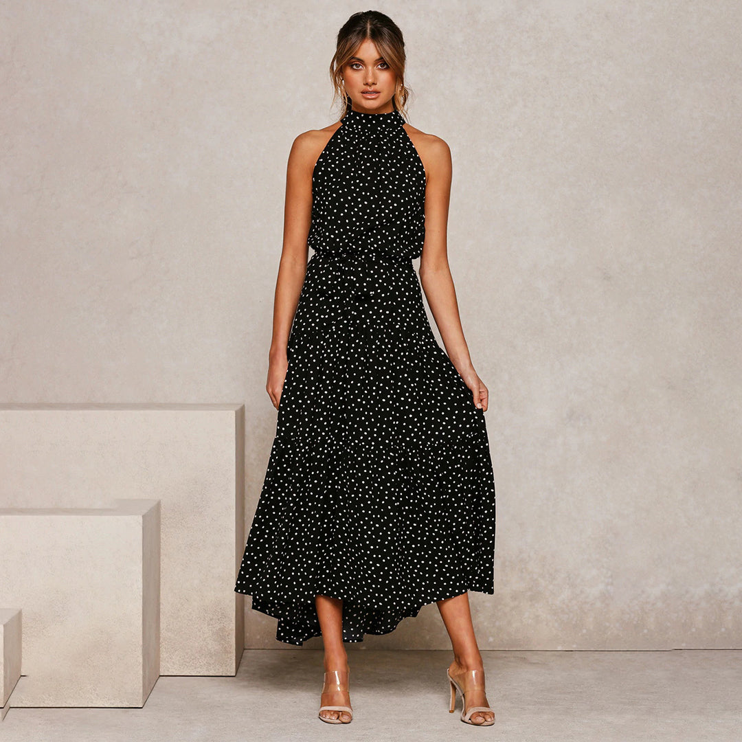 Women's halterneck A-line long dress, sleeveless with defining waistband, light airy summer style