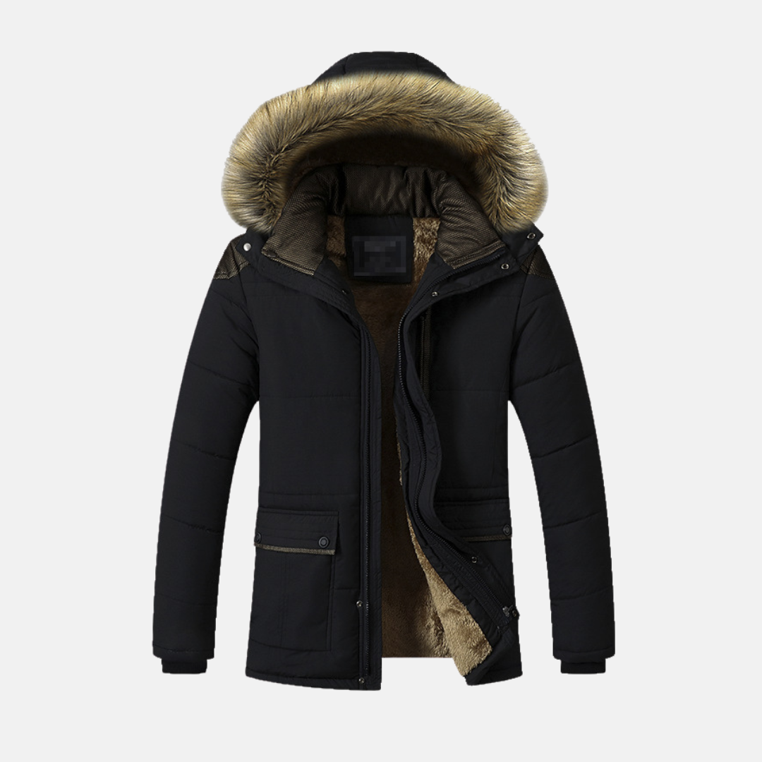Men's mid-length quilted parka in neutral tone, detachable faux fur hood, structured winter silhouette