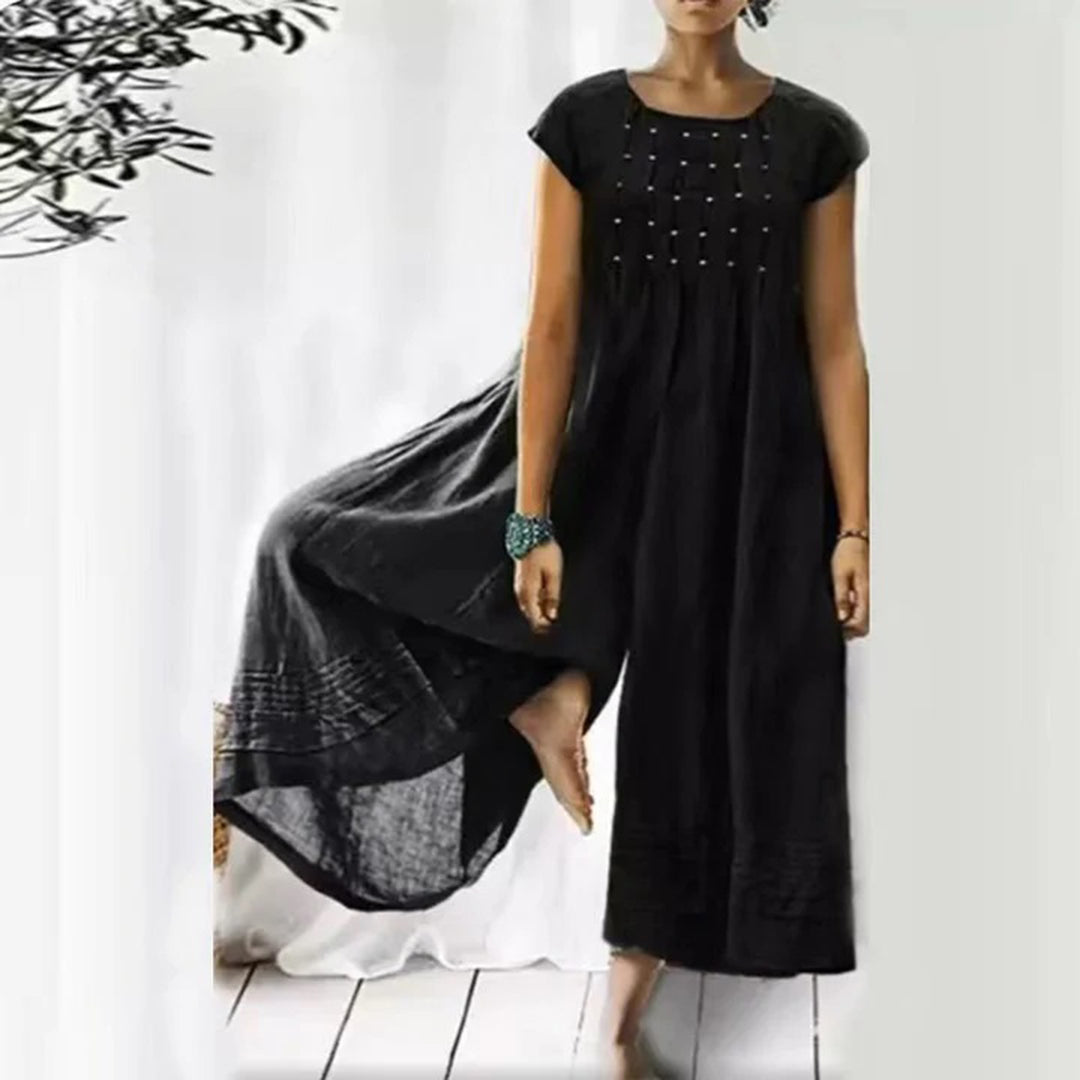 Women's long bohemian dress, airy cotton blend, short sleeves, round neck, lightweight relaxed fit