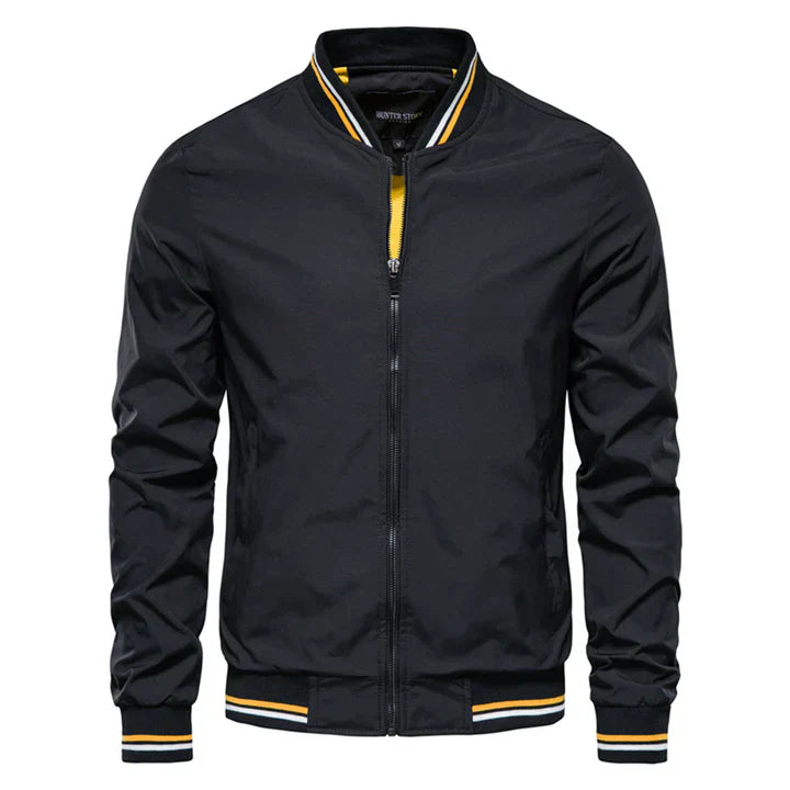 Men's olive green bomber jacket zip front modern urban silhouette sleek versatile layer
