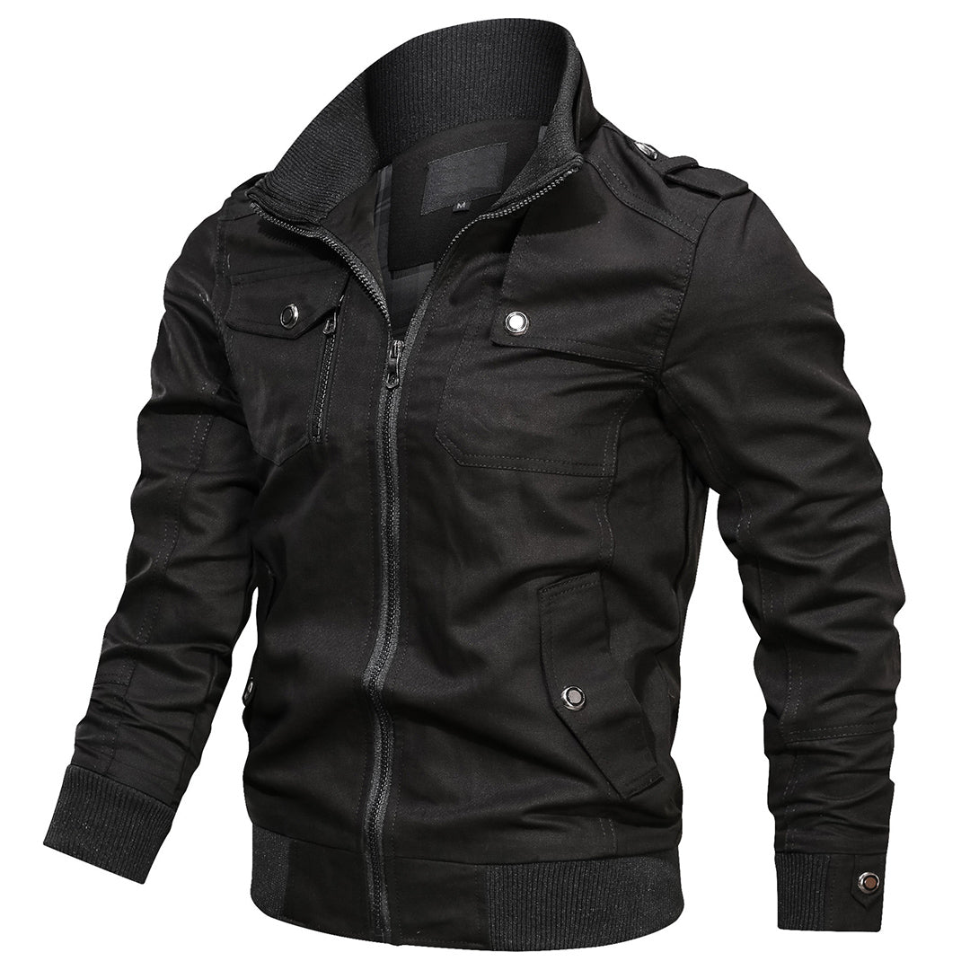 Men's multi-pocket bomber jacket durable outerwear with ribbed cuffs structured casual style