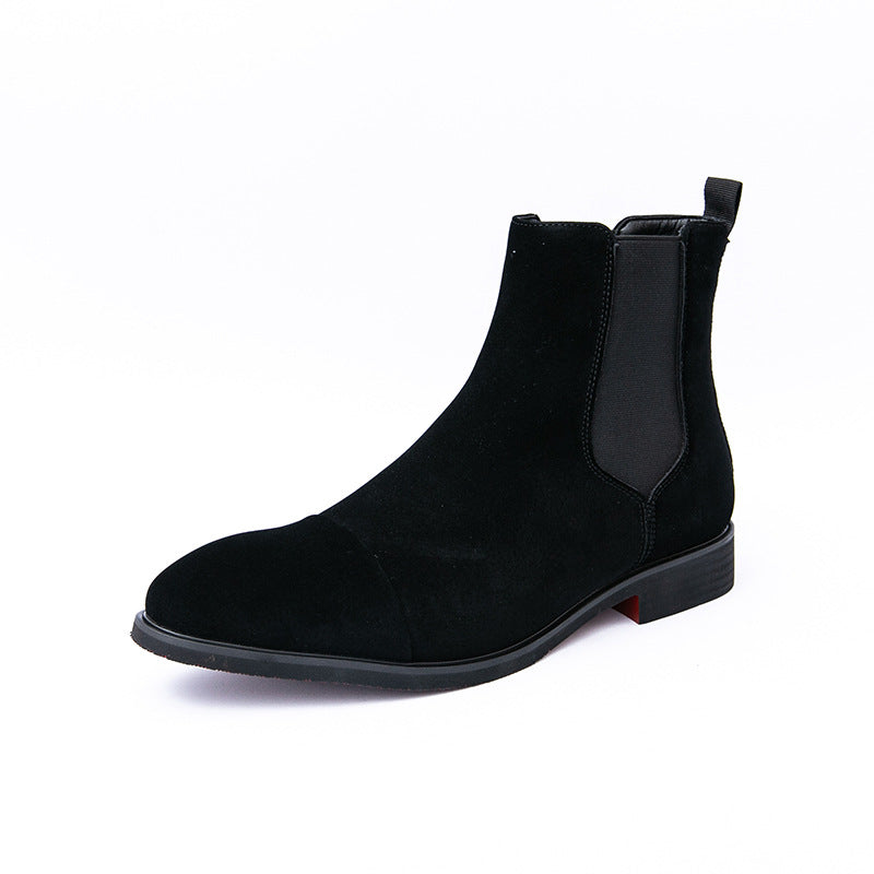 Men's brown suede Chelsea boots elastic side panels sleek low heel casual semi-formal style