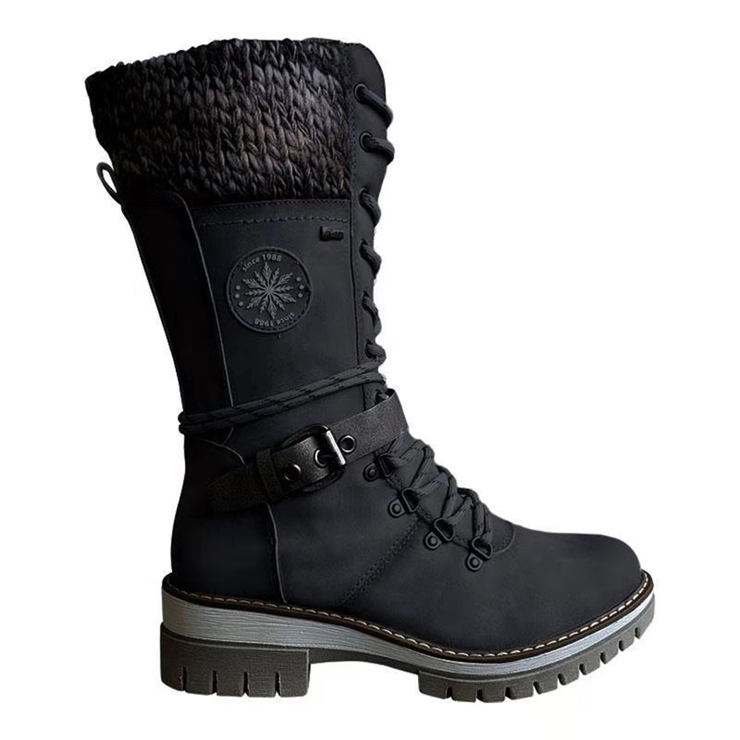 Women's tall lace-up winter boots in brown with cozy knit cuff and side zipper