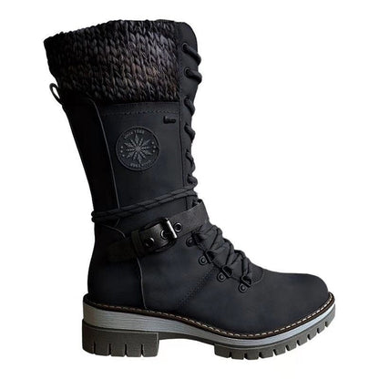 Women's tall lace-up winter boots in brown with cozy knit cuff and side zipper