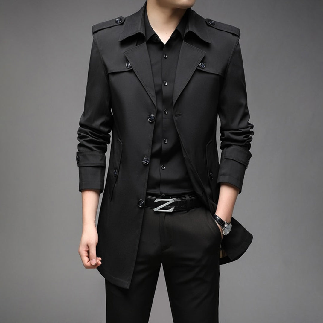 Men's beige single-breasted lightweight trench coat with streamlined silhouette for transitional wear