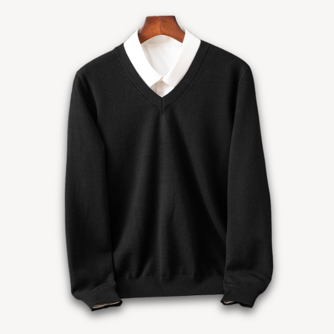 Men's navy slim fit V-neck sweater in soft knit with ribbed edges for versatile layering