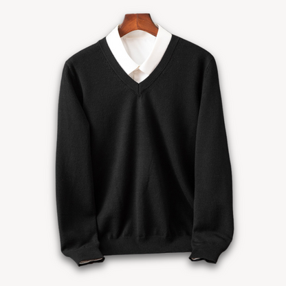 Men's navy slim fit V-neck sweater in soft knit with ribbed edges for versatile layering