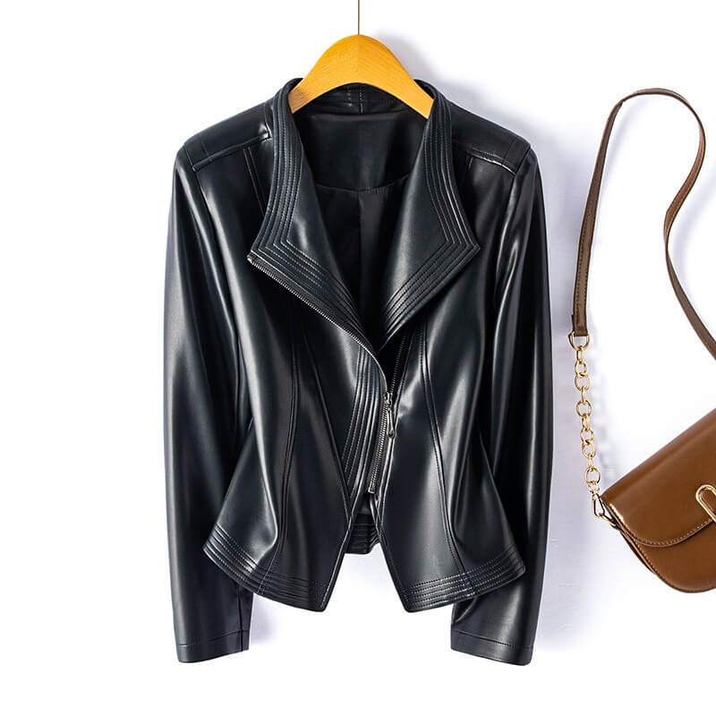 Black vegan leather women's jacket structured fit modern asymmetric closure chic tailored silhouette