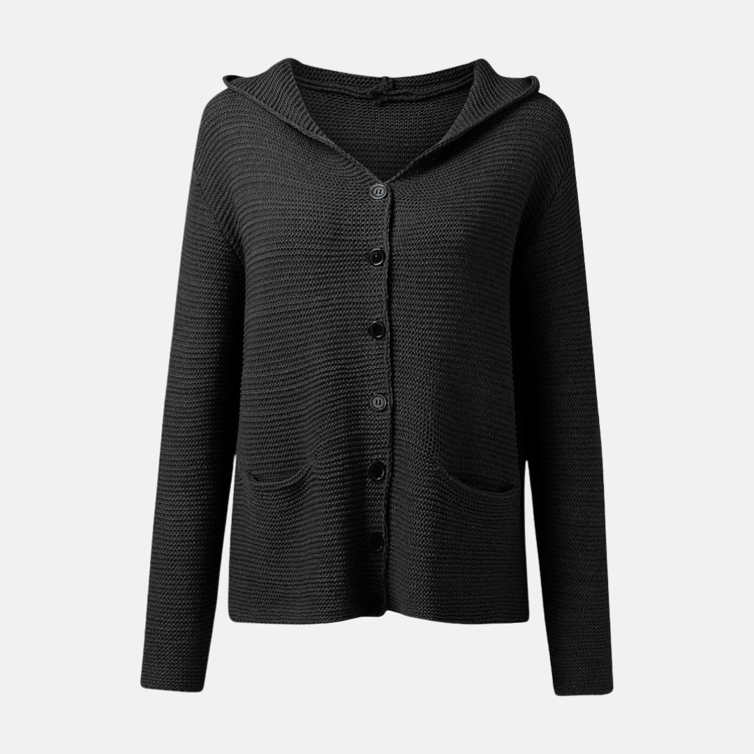 Women's hooded knit cardigan cozy relaxed fit button front patch pockets ribbed cuffs everyday wear