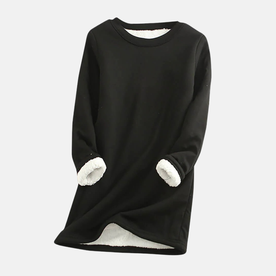 Women's plush-lined knit sweatshirt relaxed fit crew neck tunic length cozy straight silhouette