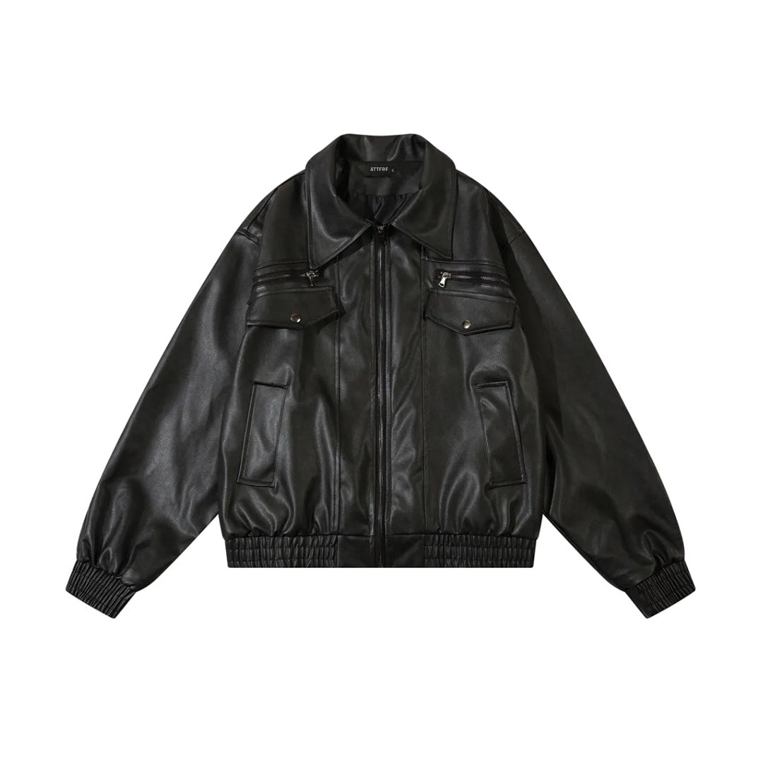 Black vintage-inspired motorcycle leather coat with turn-down collar and sleek lapel zipper closure