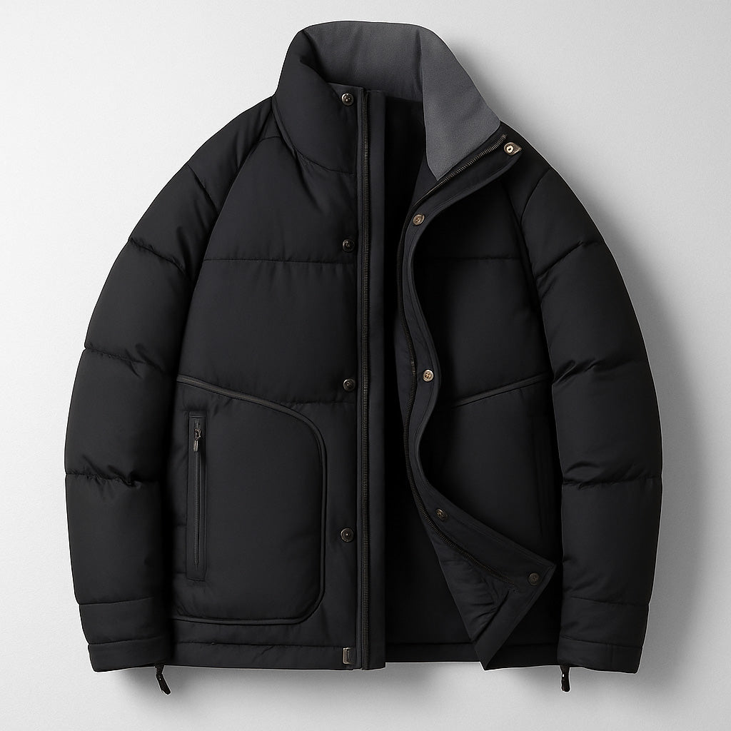 Mercer cropped boxy puffer jacket in neutral tone with stand collar and clean zip snap closure