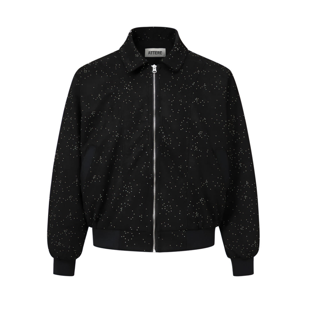 Brown suede moto jacket with turn-down collar and rhinestone embellishments for vintage glam