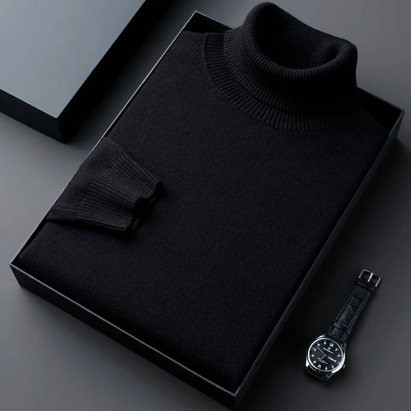 Men's black turtleneck sweater slim-fit premium cotton blend knit for sharp casual winter style