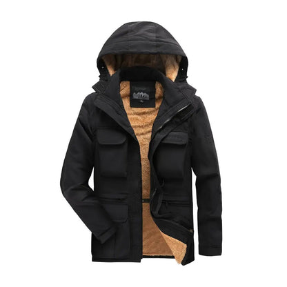 Men's casual fit weather-resistant winter jacket with faux fur lining and detachable hood