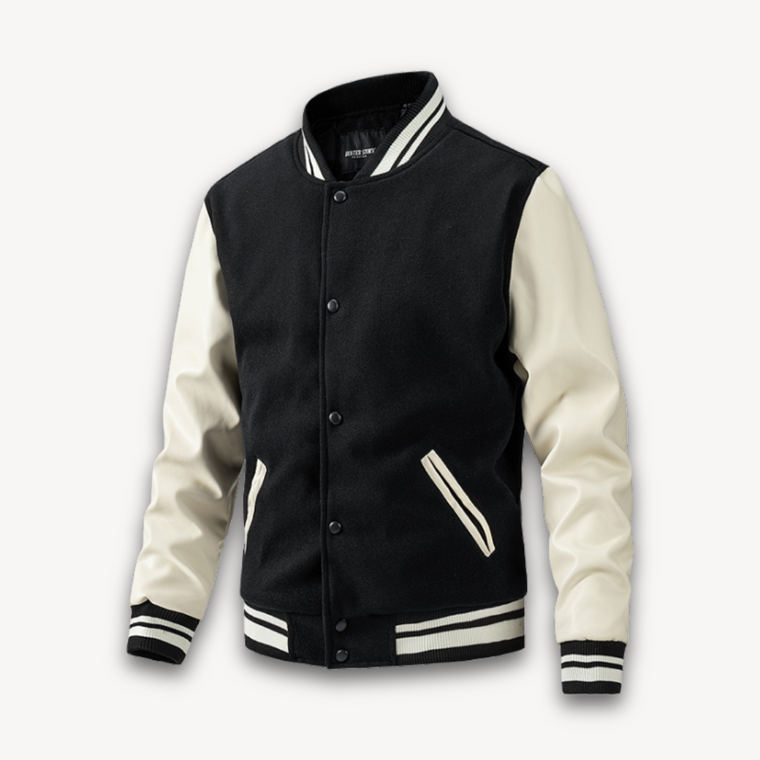 Men's varsity jacket classic fit wool-look body leather sleeves black and white casual style