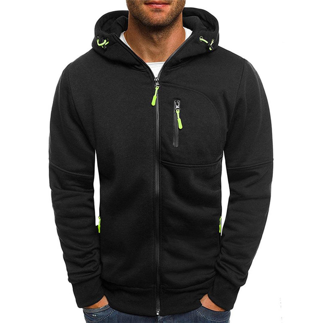 Men's slim fit full zip hoodie in neutral tone with ribbed edges and secure zipper pocket
