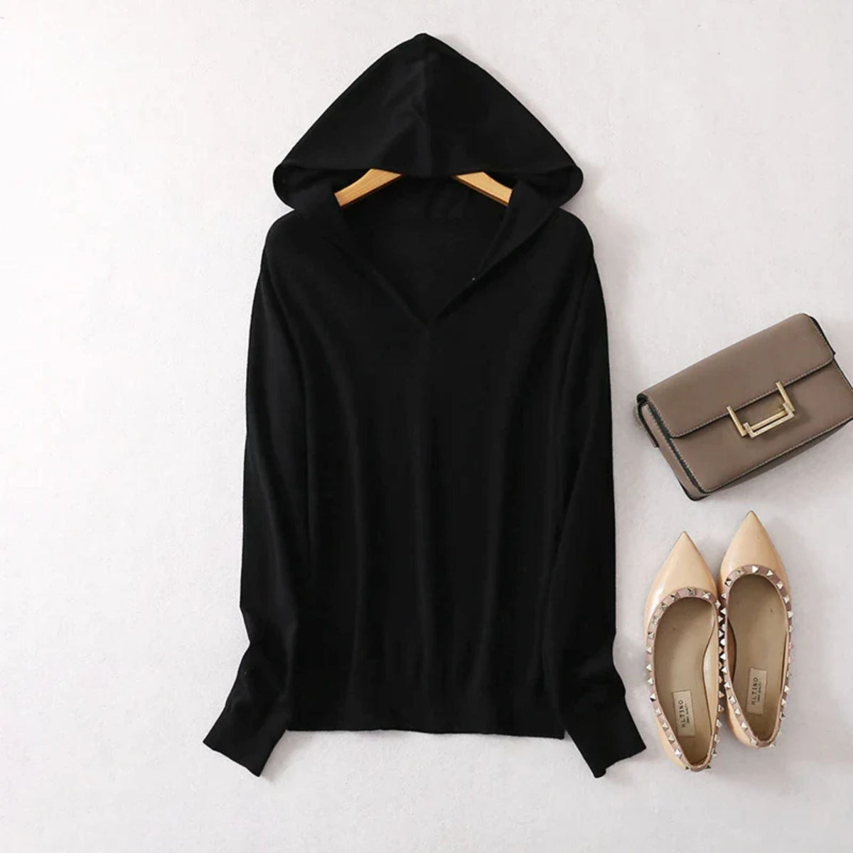 Ivory cashmere silk hoodie with ribbed cuffs and knitted hood, lightweight elegant layering piece
