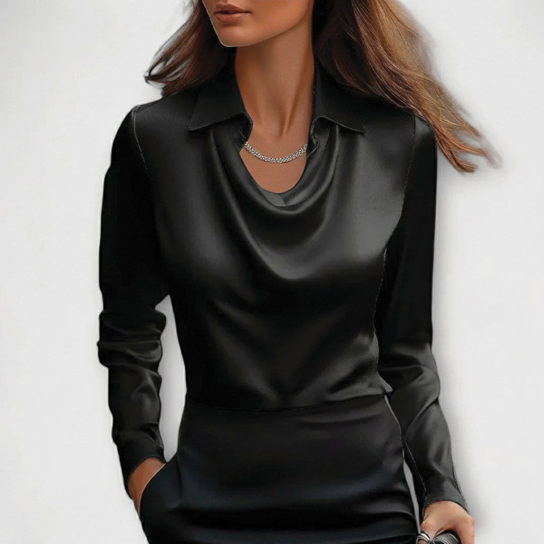 Women's scarlet satin blouse slim fit draped cowl neckline with luxurious sheen by Wavlynn