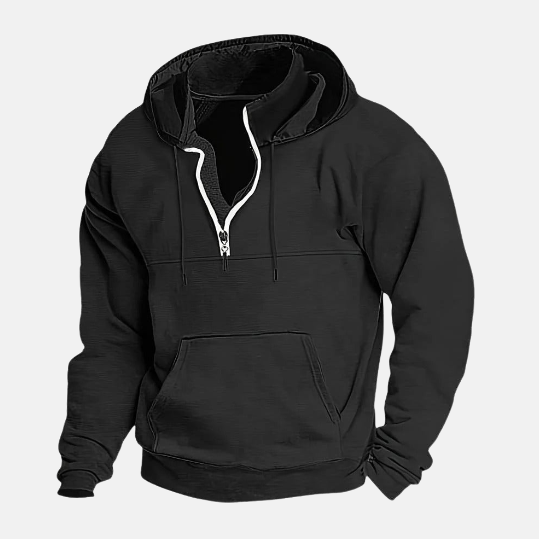 Men's cotton blend quarter-zip hoodie with layered collar in a relaxed modern silhouette